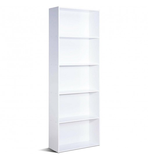 Modern 5-Tier Bookcase Storage Shelf in White Wood Finish