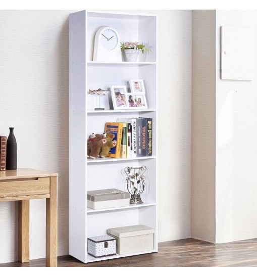 Modern 5-Tier Bookcase Storage Shelf in White Wood Finish