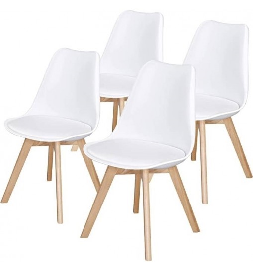 Set of 4 Modern White Shell Dining Chair Upholstered Padded Seat w/ Beechwood  Legs