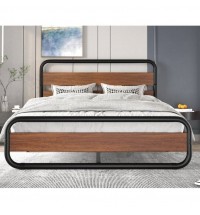 Full Heavy Duty Industrial Modern Metal Wood Platform Bed Frame with Headboard