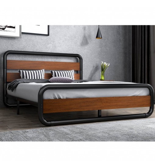 Full Heavy Duty Industrial Modern Metal Wood Platform Bed Frame with Headboard