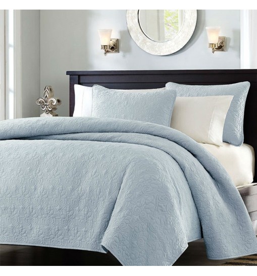 Full / Queen size Quilted Bedspread Coverlet with 2 Shams in Light Blue