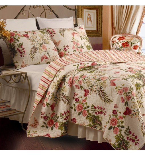 Full / Queen size Piece 100% Cotton Quilt Set Crimson Clover Floral