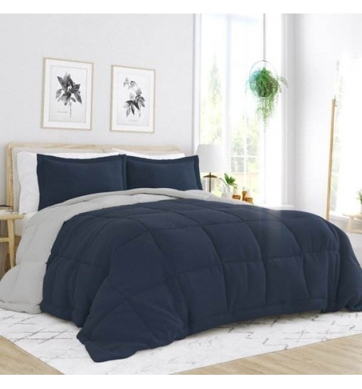 Full/Queen 3-Piece Microfiber Reversible Comforter Set in Navy Blue and Grey