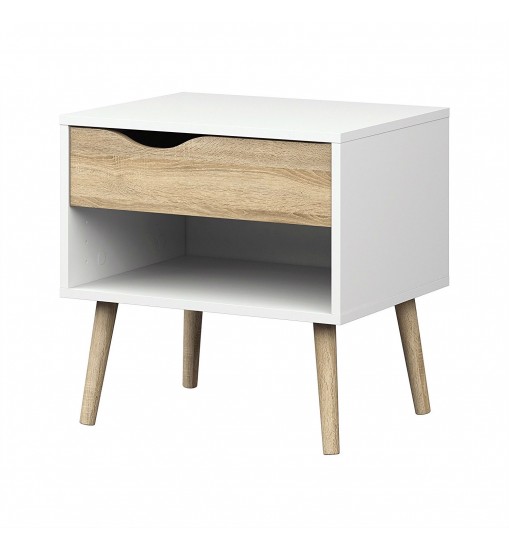 Modern Mid Century Style End Table Nightstand in White & Oak Finish