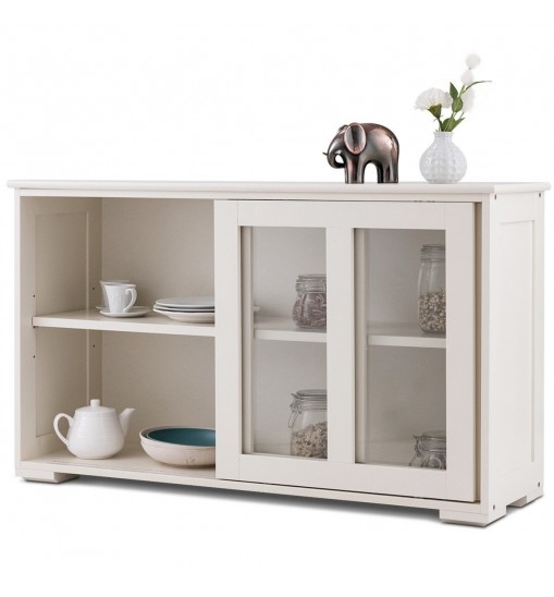 Modern Cream White Wood Buffet Sideboard Cabinet with Glass Sliding Door