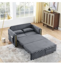 Luxury 3-in-1 Convertible Sleeper Sofa Bed Couch, 55" Pull Out Couch for Living Room, Multi-Functional Grey Velvet Loveseat Futon Bed with 2 Pillows and Storage Bags