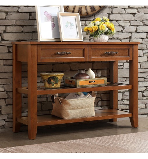 Console Sofa Table with 2 Storage Drawers and 2 Tiers Shelves, Mid-Century Style 42'' Solid Wood Buffet Sideboard for Living Room Furniture Kitchen Dining Room Entryway Hallway, Brown