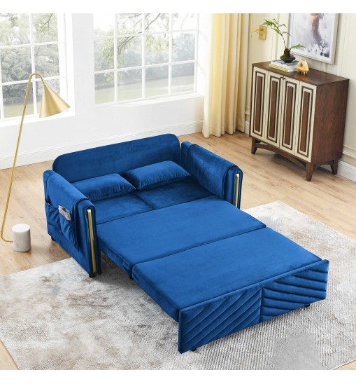 Luxury 3-in-1 Convertible Sleeper Sofa Bed Couch, 55" Pull Out Couch for Living Room, Multi-Functional Navy Blue Velvet Loveseat Futon Bed with 2 Pillows and Storage Bags