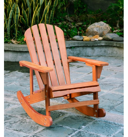 Adirondack Rocking Chair Solid Wood Chairs Finish Outdoor Furniture for Patio, Backyard, Garden - Walnut Brown