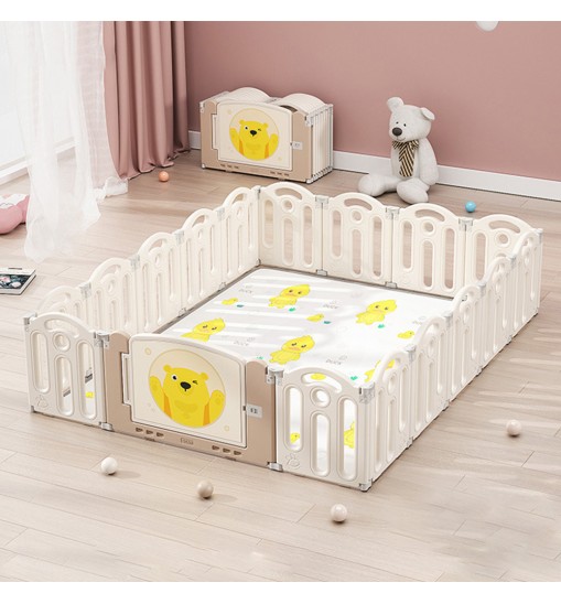 Bear Beige White Color Foldable Playpen, Baby Safety Play Yard With Fence Indoor Toys With Play mat 16panel and 1 play mat