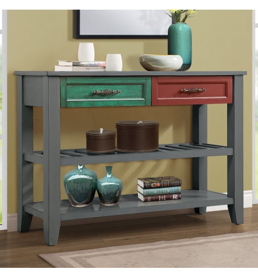 Console Sofa Table with 2 Storage Drawers and 2 Tiers Shelves, Mid-Century Style 42'' Solid Wood Buffet Sideboard for Living Room Furniture Kitchen Dining Room Entryway Hallway, Antique Grey + Drawer