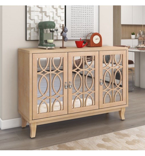 TREXM Sideboard with Glass Doors, 3 Door Mirrored Buffet Cabinet with Silver Handle for Living Room, Hallway, Dining Room (Natural Wood Wash)