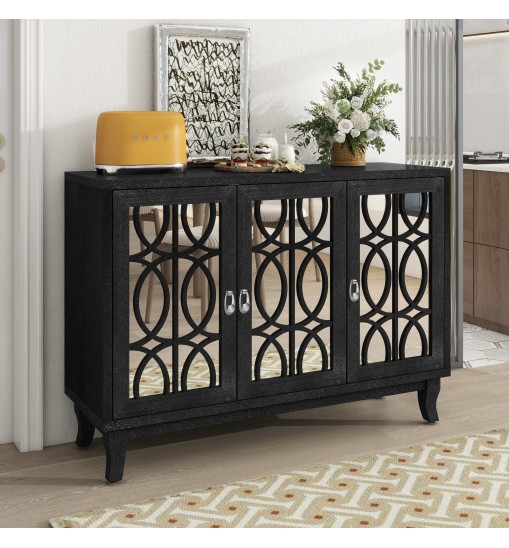 TREXM Sideboard with Glass Doors, 3 Door Mirrored Buffet Cabinet with Silver Handle for Living Room, Hallway, Dining Room (Black)