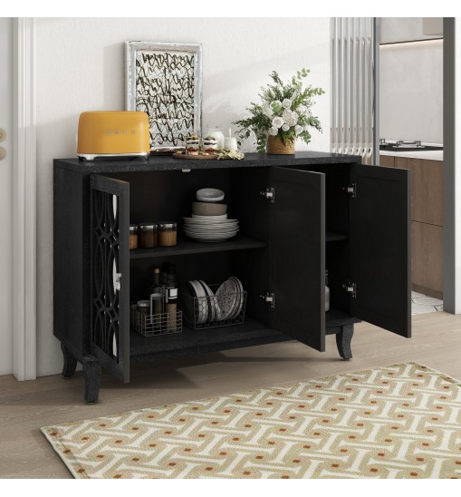 TREXM Sideboard with Glass Doors, 3 Door Mirrored Buffet Cabinet with Silver Handle for Living Room, Hallway, Dining Room (Black)