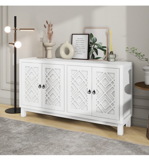 TREXM Large Storage Space Sideboard, 4 Door Buffet Cabinet with Pull Ring Handles for Living Room, Dining Room (White)