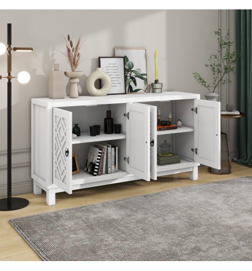 TREXM Large Storage Space Sideboard, 4 Door Buffet Cabinet with Pull Ring Handles for Living Room, Dining Room (White)