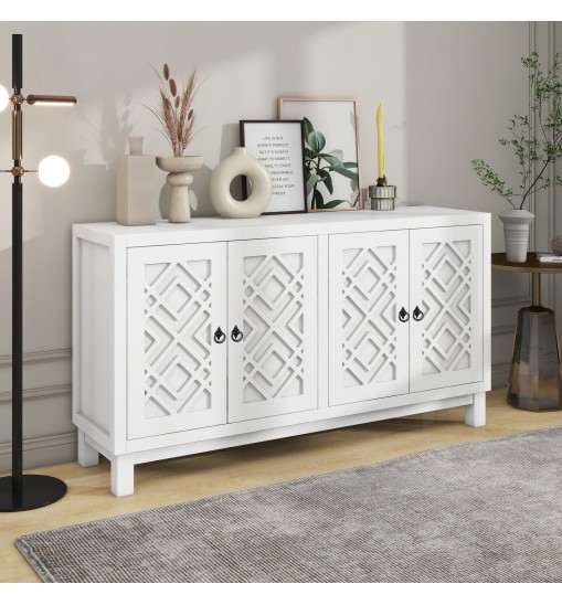 TREXM Large Storage Space Sideboard, 4 Door Buffet Cabinet with Pull Ring Handles for Living Room, Dining Room (White)