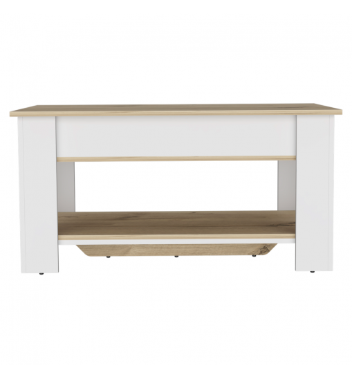 Austin Storage Table; One Extendable Table Shelf; Four Legs; Lower Shelf -Light Oak / White