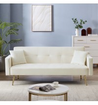 Cream White Velvet Convertible Folding Futon Sofa Bed , Sleeper Sofa Couch for Compact Living Space.