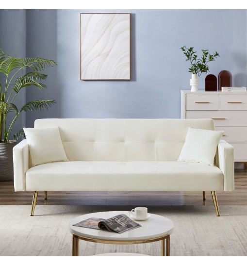 Cream White Velvet Convertible Folding Futon Sofa Bed , Sleeper Sofa Couch for Compact Living Space.