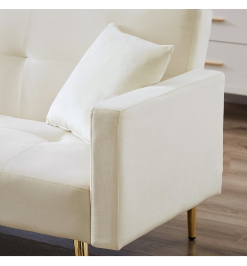 Cream White Velvet Convertible Folding Futon Sofa Bed , Sleeper Sofa Couch for Compact Living Space.