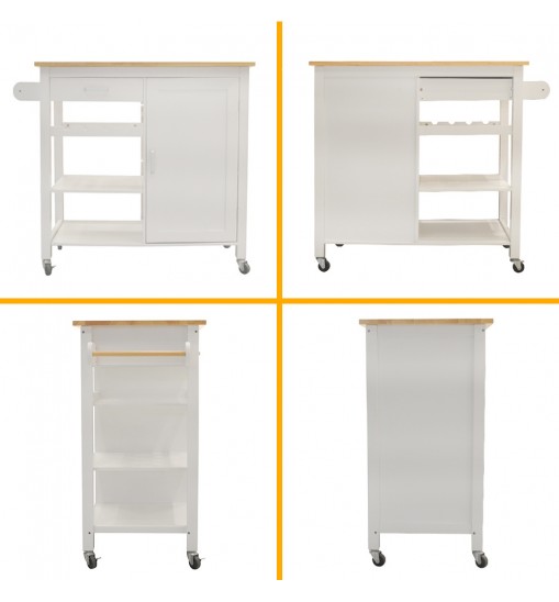 Kitchen Island Cart with drawers, cabinets, wine racks, partitions, towel racks, White-Beech