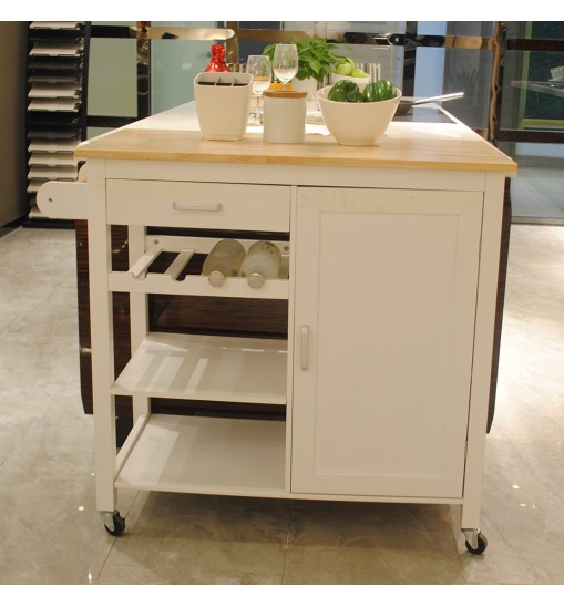 Kitchen Island Cart with drawers, cabinets, wine racks, partitions, towel racks, White-Beech