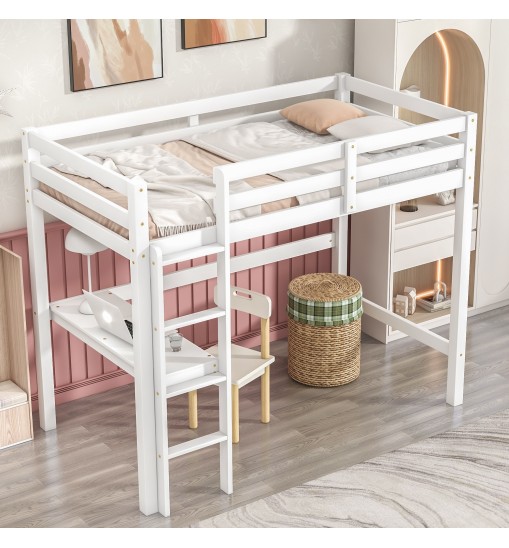 Twin Loft Bed with built-in desk,White