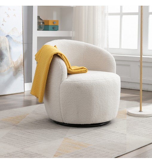 Teddy Fabric Swivel Accent Armchair Barrel Chair With Black Powder Coating Metal Ring,Ivory White