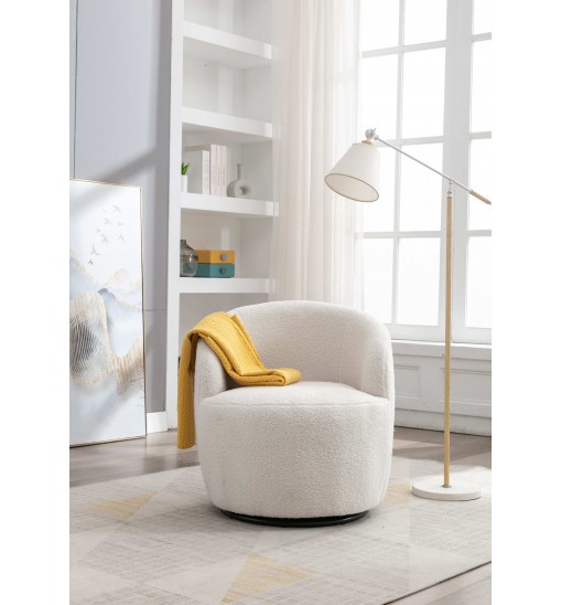 Teddy Fabric Swivel Accent Armchair Barrel Chair With Black Powder Coating Metal Ring,Ivory White