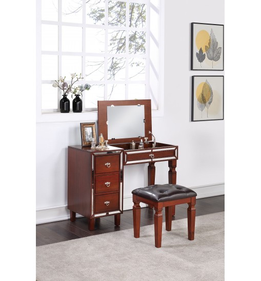 Traditional Formal Cherry Color Vanity Set w Stool Storage Drawers 1pc Bedroom Furniture Set Tufted Seat Stool