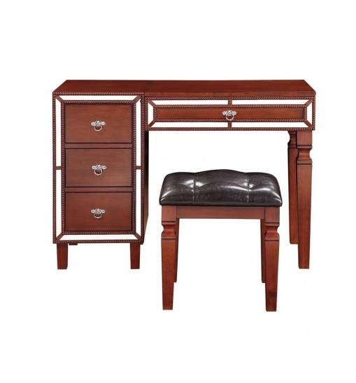 Traditional Formal Cherry Color Vanity Set w Stool Storage Drawers 1pc Bedroom Furniture Set Tufted Seat Stool