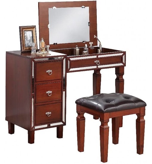 Traditional Formal Cherry Color Vanity Set w Stool Storage Drawers 1pc Bedroom Furniture Set Tufted Seat Stool