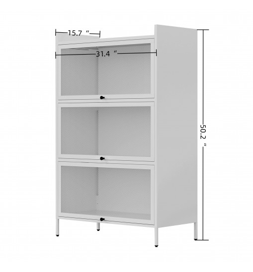 White 3-Tier Buffet Cabinet: Detachable, Folding Mesh Doors, Sturdy Steel Construction with Excellent Load-Bearing Capacity