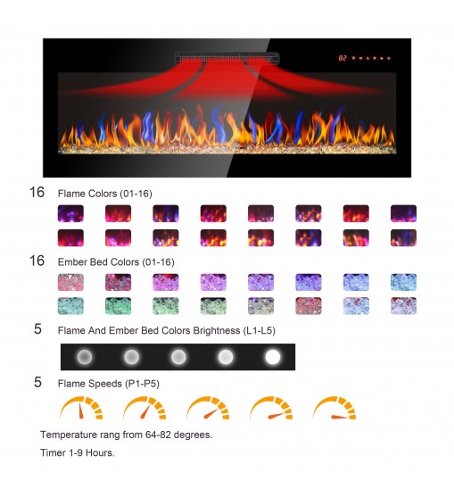 50 inch recessed ultra thin tempered glass front wall mounted electric fireplace with remote and multi color flame & emberbed, LED light heater