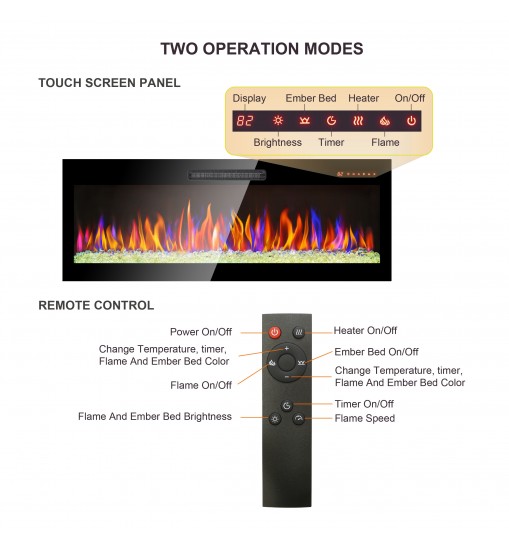 50 inch recessed ultra thin tempered glass front wall mounted electric fireplace with remote and multi color flame & emberbed, LED light heater