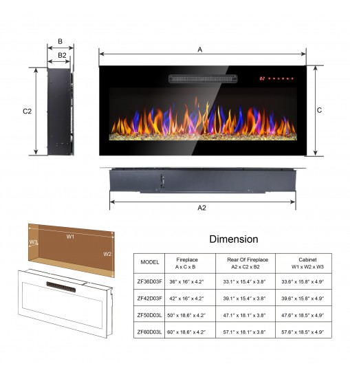 50 inch recessed ultra thin tempered glass front wall mounted electric fireplace with remote and multi color flame & emberbed, LED light heater