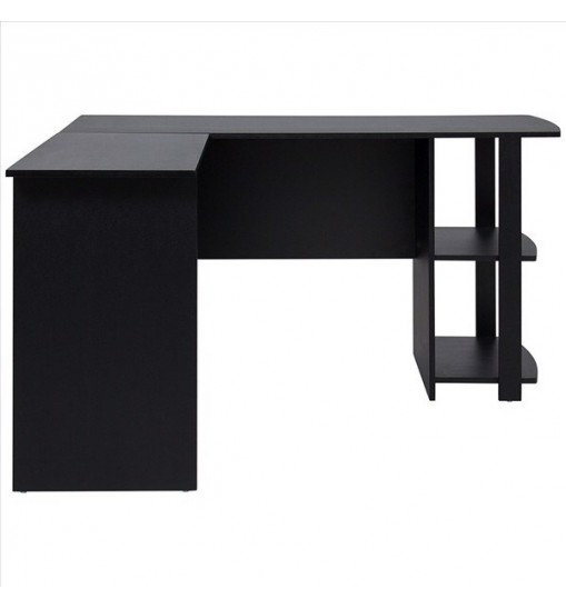 FCH L-Shaped Wood Right-angle Computer Desk with Two-layer Bookshelves Black