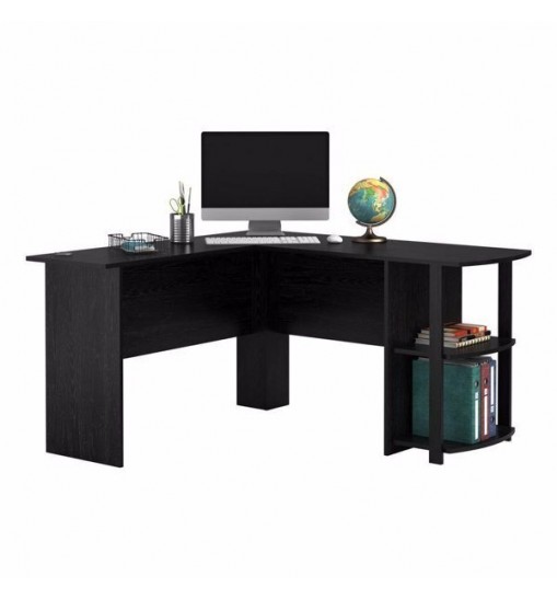 FCH L-Shaped Wood Right-angle Computer Desk with Two-layer Bookshelves Black