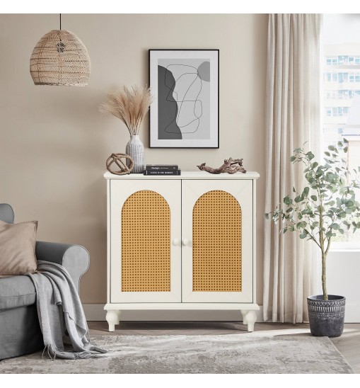 Rattan Storage Cabinet with Doors and Shelves, Rattan Sideboard and Buffet with Storage,and Adjustable Shelves, Free Standing Cabinet for Entryway, Living Room, Office