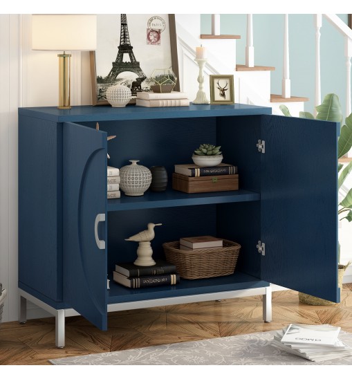 TREXM Simple Storage Cabinet Accent Cabinet with Solid Wood Veneer and Metal Leg Frame for Living Room, Entryway, Dining Room (Navy)