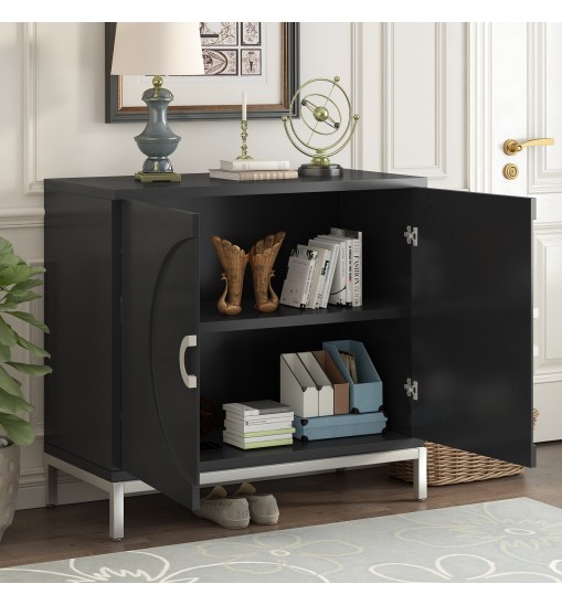 TREXM Simple Storage Cabinet Accent Cabinet with Solid Wood Veneer and Metal Leg Frame for Living Room, Entryway, Dining Room (Black)