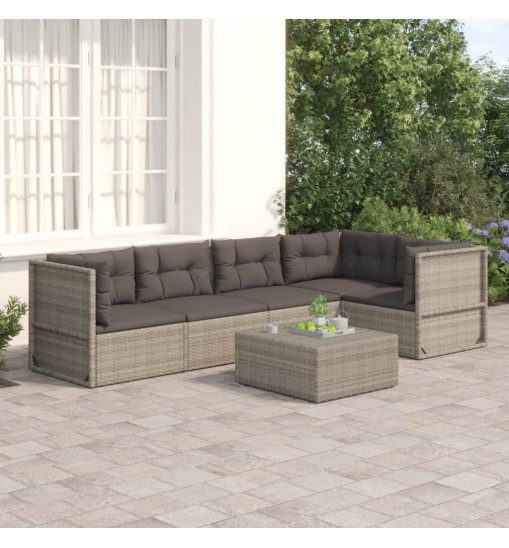 5 Piece Patio Lounge Set with Cushions Gray Poly Rattan