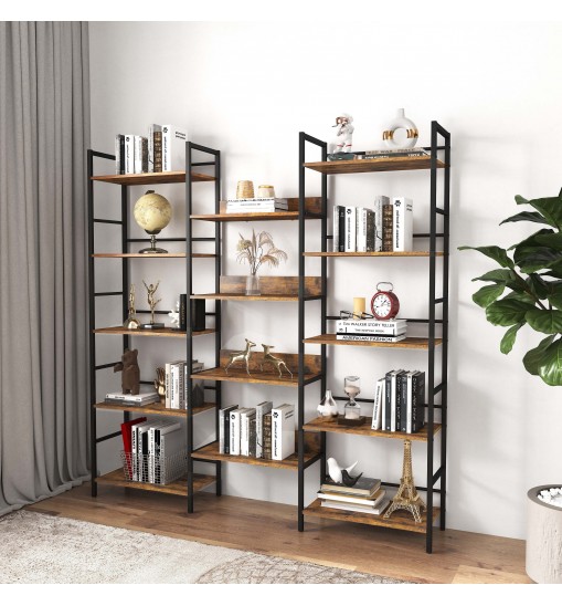 Triple Wide 5-shelf Bookshelves Industrial Retro Wooden Style Home and Office Large Open Bookshelves, Rustic Brown, 69.3''W x 11.8''D x 70.1''H