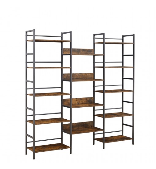 Triple Wide 5-shelf Bookshelves Industrial Retro Wooden Style Home and Office Large Open Bookshelves, Rustic Brown, 69.3''W x 11.8''D x 70.1''H