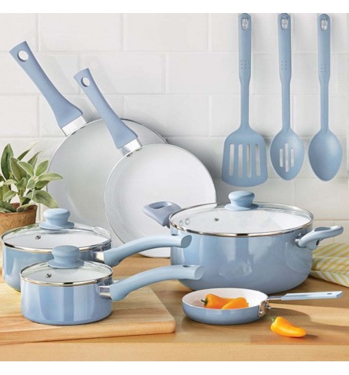 12pc Ceramic Cookware Set;  Blue Linen