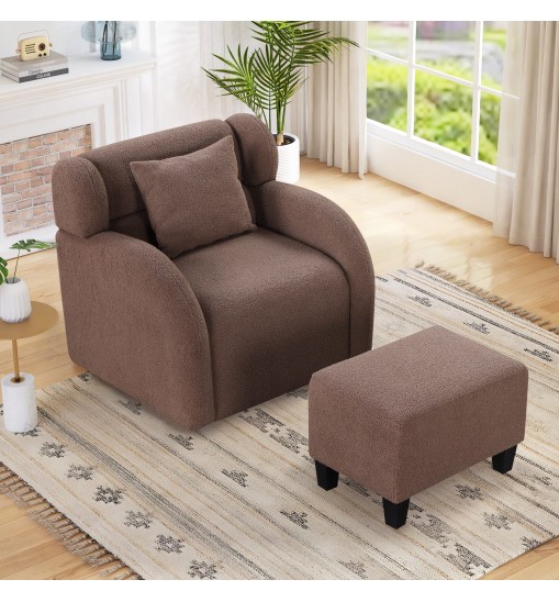 Swivel Accent Chair with Ottoman, Teddy Short Plush Particle Velvet Armchair,360 Degree Swivel Barrel Chair with footstool for Living Room, Hotel, Bedroom, Office, Lounge,Brown