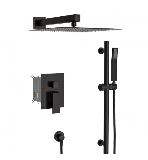 Shower System with Adjustable Slide Bar,10 Inch Wall Mounted Square Shower System with Rough-in Valve, Oil Rubber Bronze