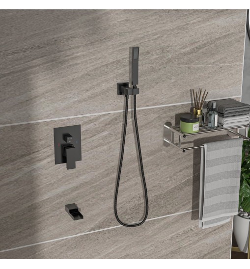 Shower System with Waterfall Tub Spout,12 Inch Wall Mounted Square Shower System with Rough-in Valve,Matte black